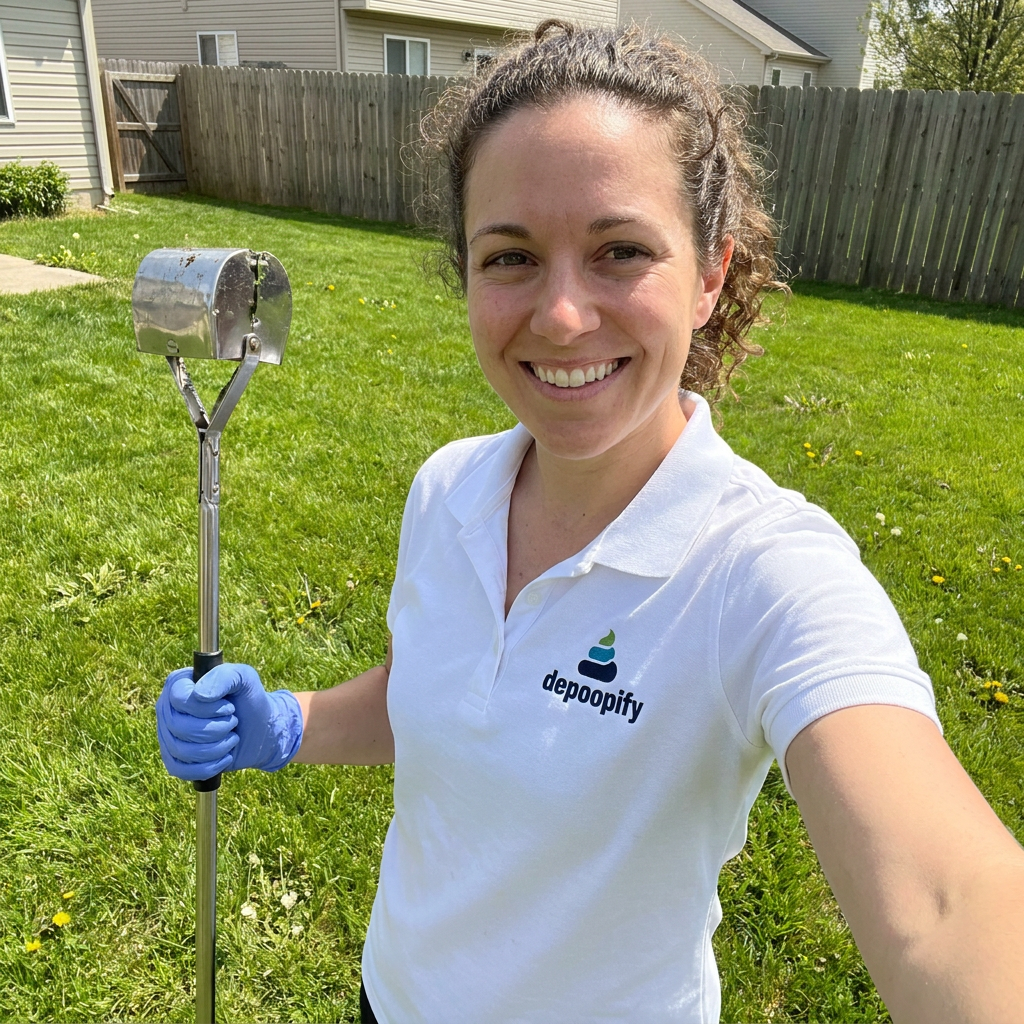 SaniLawn technician with pooper scooper in a freshly cleaned yard