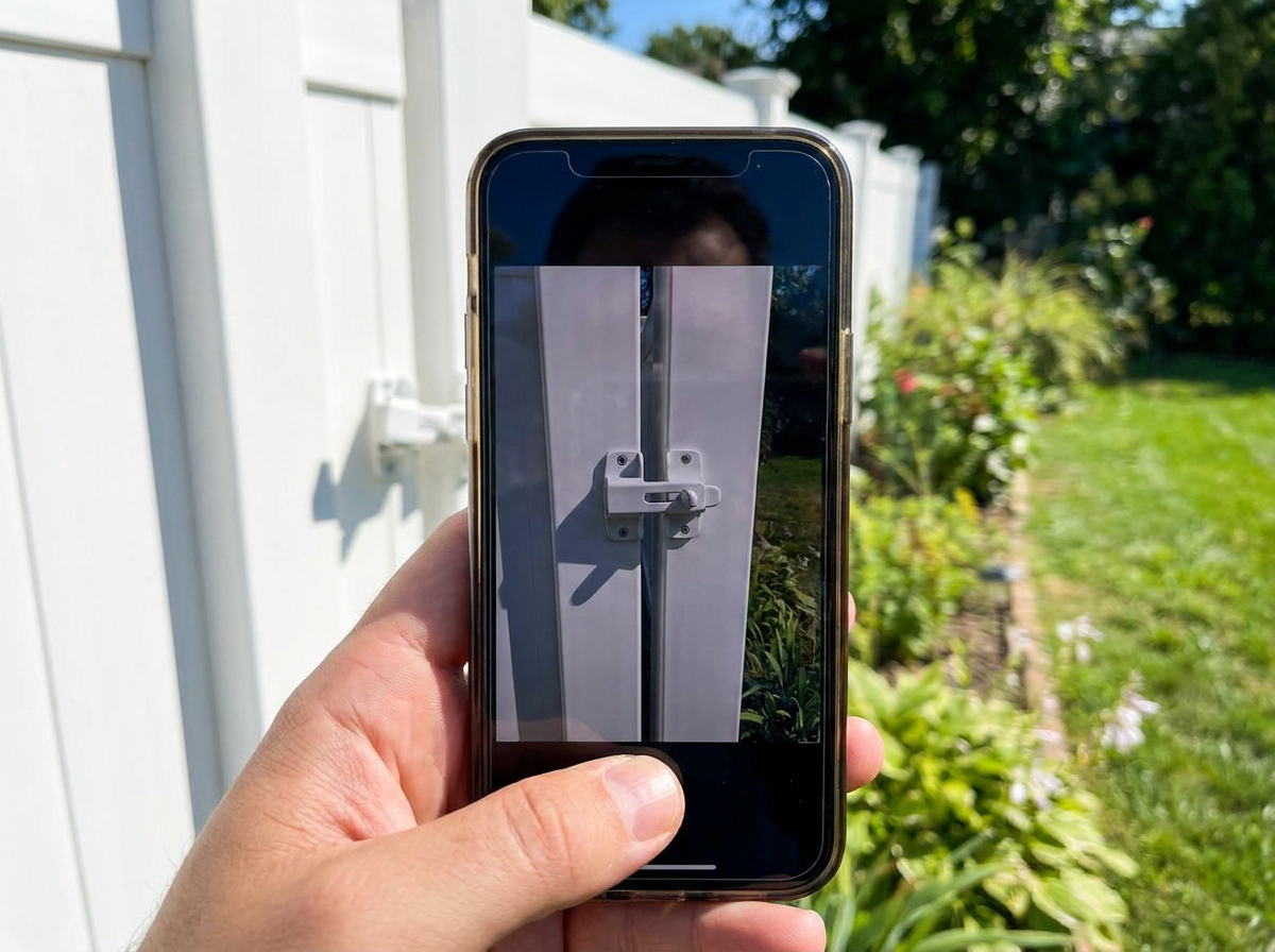 Technician showing closed and latched gate on phone