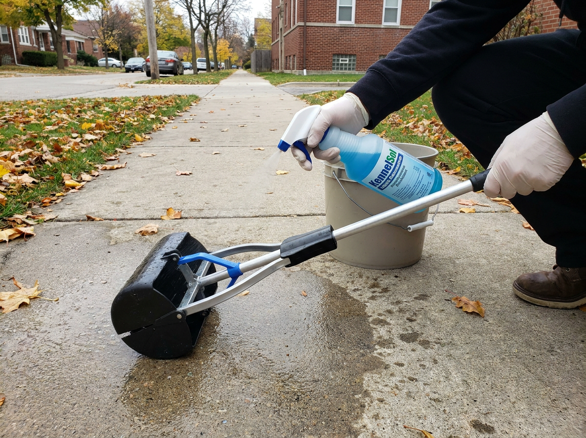 Technician sanitizing pooper scooper with KennelSol disinfectant