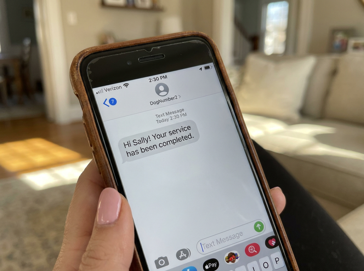 Customer receiving a text message that their DogNumber2 service has been completed